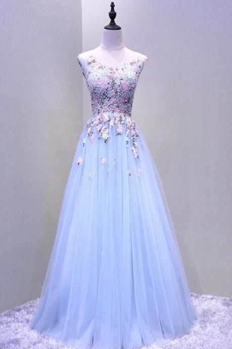 Light Blue Beaded Round Neckline Tulle Formal Gown, Charming Party Dress M8550