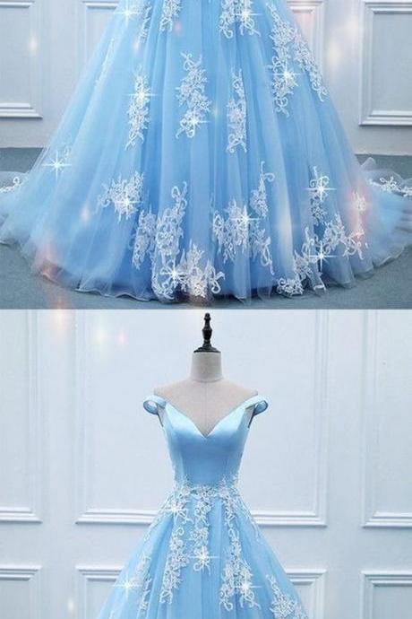 Elegant V-neck Off Shoulder Light Blue Prom Dresses Ball Gowns M8568