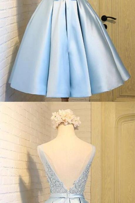 Sky Blue A-line V-neck Short Prom Dresses,appliques Lace Homecoming Dresses M8576