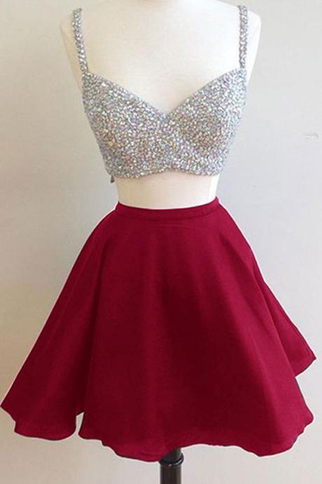 Two Piece A-line Spaghetti Straps Short Homecoming Dress With Beading M8577