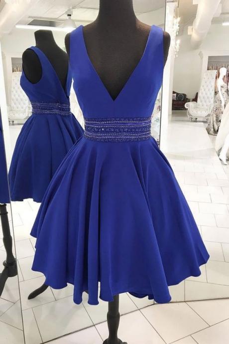 Cute V Neck Blue Beads Short Prom Dress, Blue Homecoming Dress M8585