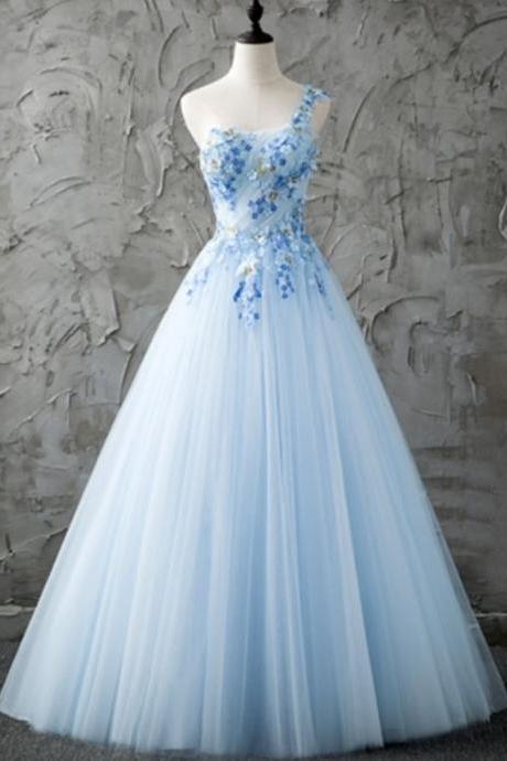 Blue One-shoulder Prom Dresses,a-line Beading Formal Dresses,pleats Floor-length Prom Dress M8587