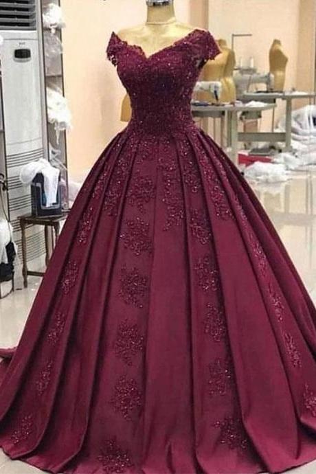 A Line Off The Shoulder Burgundy Prom Dresses Ball Gown Appliques M8588