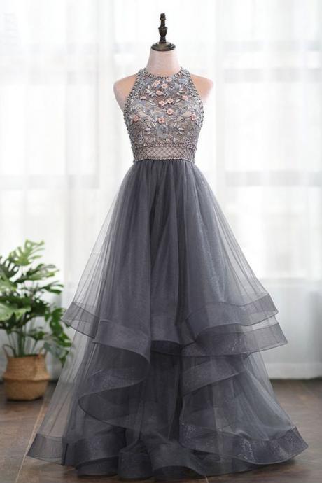 Grey Tulle 3d Flowers Backless Heavy Beading High Neck Long Prom Dress, Evening Dress M8619