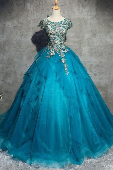 Unique Blue Round Neck Tulle Applique Long Prom Dress, Blue Evening Dress M8621