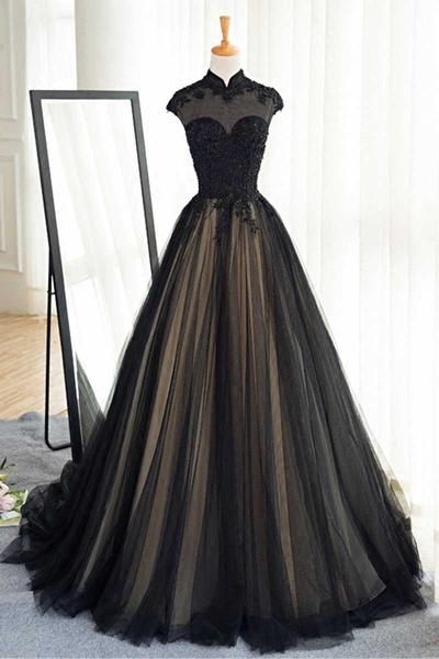 Black Tulle Lace Long Prom Dress, Black Tulle Evening Dress M8622