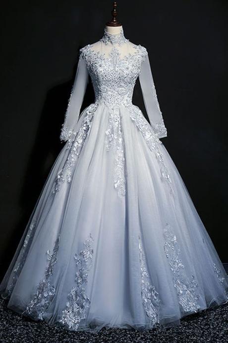 Unique Light Blue Tulle Long Lace Applique Senior Prom Dress, Evening Dress With Sleeve M8623