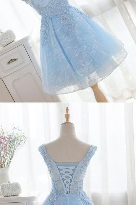 Spring Short V Neckline Bridesmaid Dress, Short Lace Homecoming Dress M8625