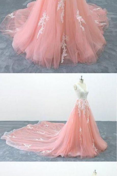 Beautiful Princess Peach Pink Tulle Cathedral Train Lace Formal Dress, Formal Halter Prom Dress M8648