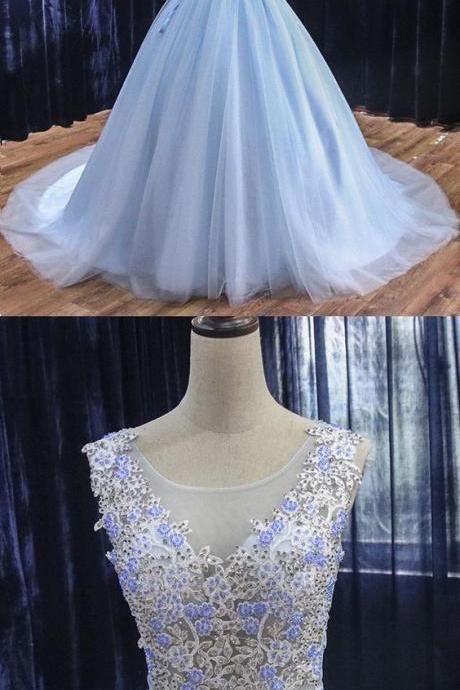 Light Sky Blue Tulle Custom Made Long Sweet 16 Prom Dress, Quinceanera Dress M8649