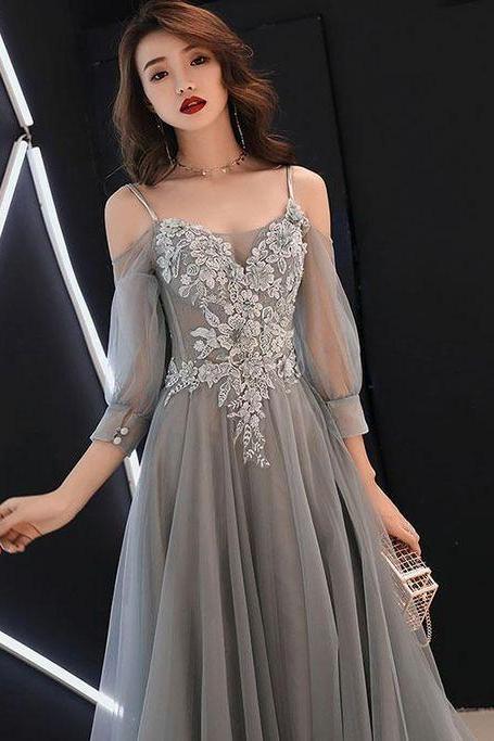 Gray Sweetheart A-line Tulle Lace Long Prom Dress, Gray Evening Dress M8656