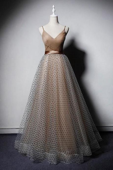 Champagne V Neck Tulle Long Prom Dress, Champagne Tulle Evening Dress M8662