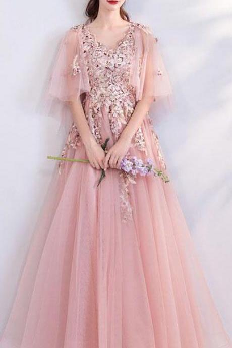 Princess A Line Pink Long Tulle Appliques V Neck Prom Dresses M8667