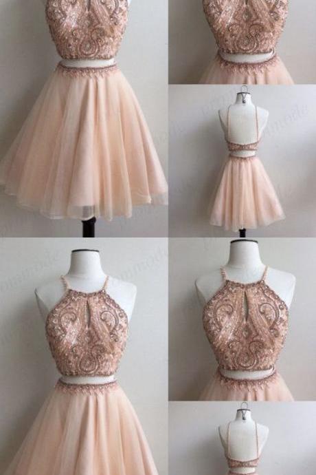 Two Piece Homecoming Dress,pink Prom Dresses, Beading Short Party Dresses M8691