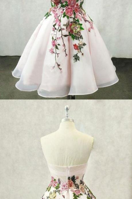 Tulle Light Pink Short Homecoming Dress, Handmade Flower Prom Dress M8695