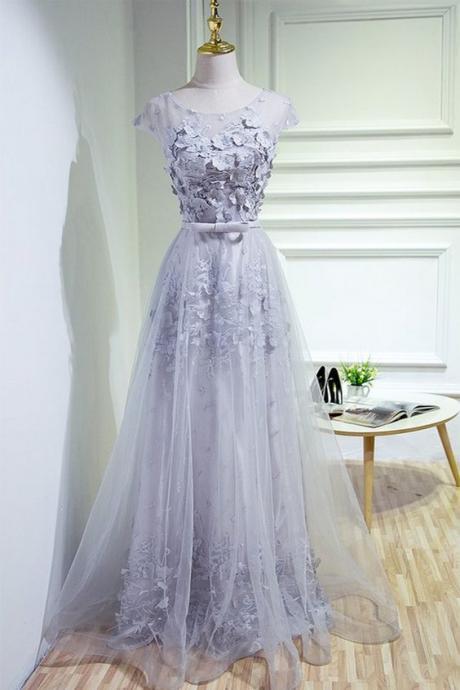Gray Tulle Floor Length Cap Sleeves Lace Long Sweet 16 Prom Dress, Long Bridesmaid Dress M8698
