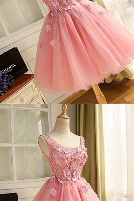 Ball Gown Bateau Short Pink Organza Homecoming Dress With Beading Appliques M8699