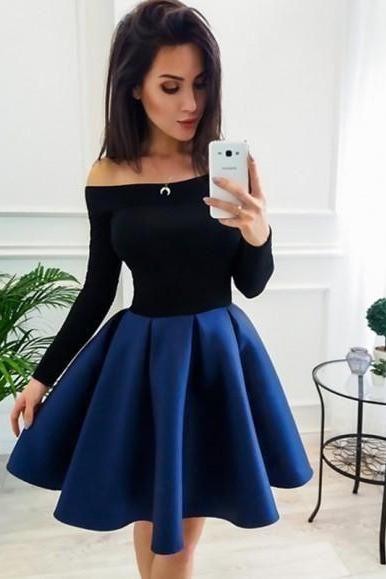Navy Blue Off Shoulder Pleated Two Piece Tutu Skater Cute Party Mini Dress, Short Homecoming Dress M8705