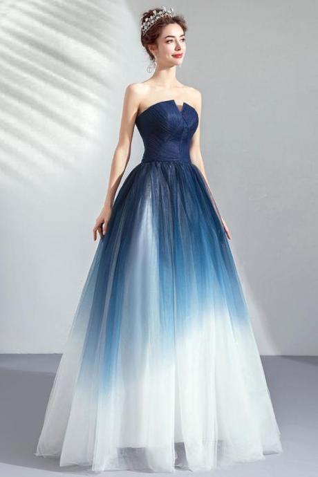 Navy Blue Ombre Tulle Strapless Long Prom Dress Formal Evening Grad Gown Dresses M8716