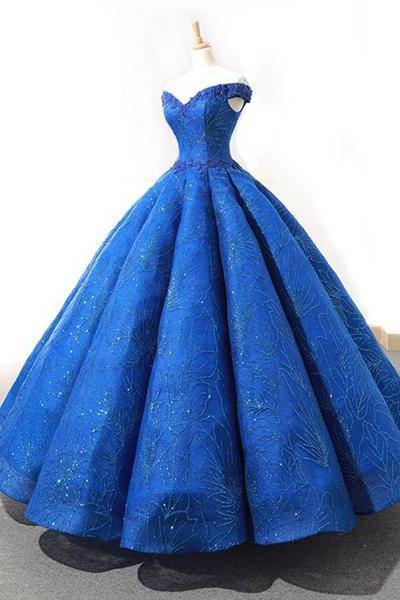 Gorgeous Royal Blue Heavy Satin Off Shoulder Long Formal Prom Dress, Evening Dress With Lace Appliqués M8721