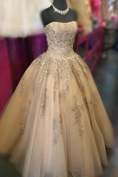 Strapless Gold Long Ball Gown, Sweet 16 Dress, Gold Quinceanera Dress M8723
