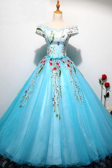 Sweetheart Ice Blue Tulle Long Off Shoulder Ball Gown, Senior Evening Dresses M8725