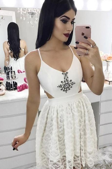Sexy Spaghetti Straps Cocktail Party Dresses With Beading, White Lace Short Homecoming Dress For Teens M8736