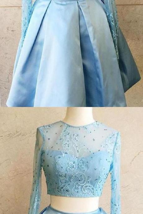 Homecoming Dress Two Piece, Long Sleeves Homecoming Dress, Blue Homecoming Dress, Lace Homecoming Dress M8745