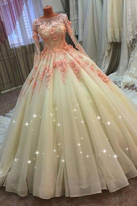 Unique Tulle & Organza Bateau Neckline Ball Gown Wedding Dress With Lace Appliques & 3d Flowers & Beadings