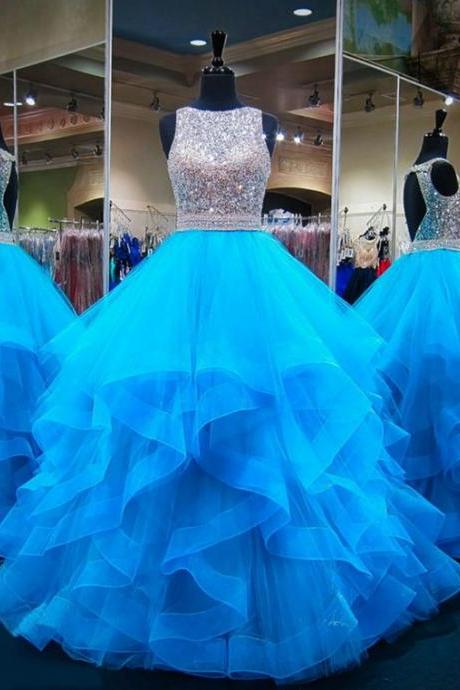 Blue Puffy Ball Gown Crystals Backless African Prom Dresses M8762