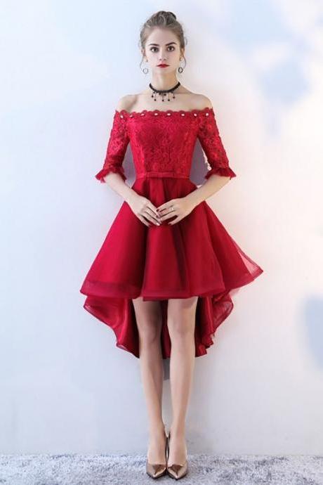 Red High Low Lace Homecoming Prom Dress Off Shoulder Sleeves M8768