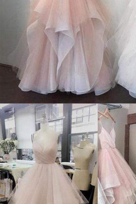V- Neck Tulle Long Prom Dress,pink Evening Dresses Wedding Dresses M8771