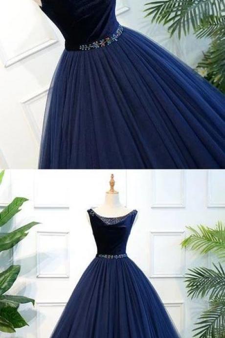 Design Navy Blue Velvet Top Colorful Beaded Lace Up Floor Length Prom Dress M8796