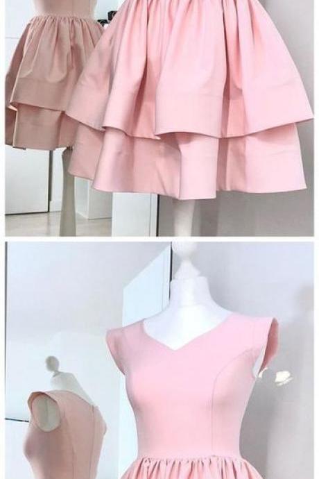 A-line V-neck Cap Sleeves Pink Homecoming Dress, Two Layers Satin Dress M8805