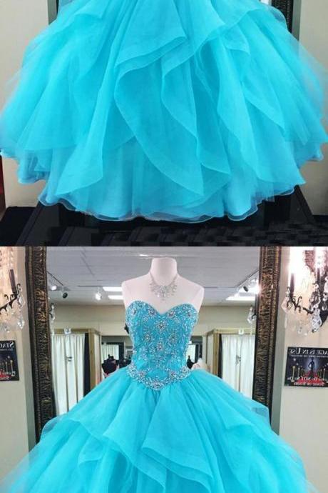 Blue Sweetheart Blue Beaded Long Organza Evening Dress, Strapless Ball Prom Dress M8846