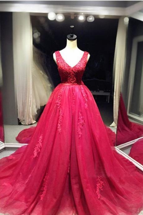 Red Organza V-neck A-line Lace Long Prom Dresses, Ball Gown Dresses M8855