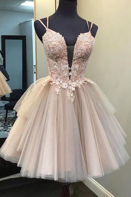 Double Straps Short Pink Tulle Ball Gown, Homecoming Dress Short M8859