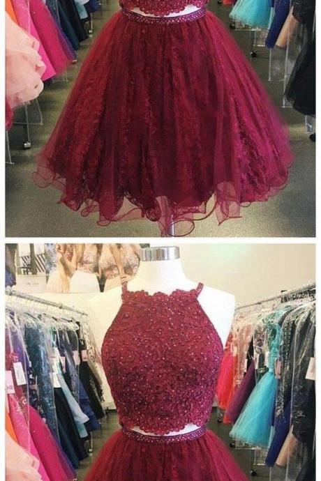 Two Piece Short Lace Beaded Dark Red Homecoming Dresses M8861
