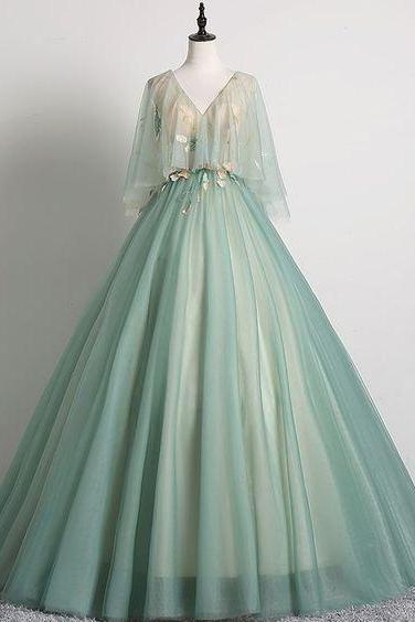 Elegant Sage Green Prom Dresses 2019 Ball Gown V-neck Lace Flower 1/2 Sleeves Backless Floor-length / Long Formal Dresses M8863