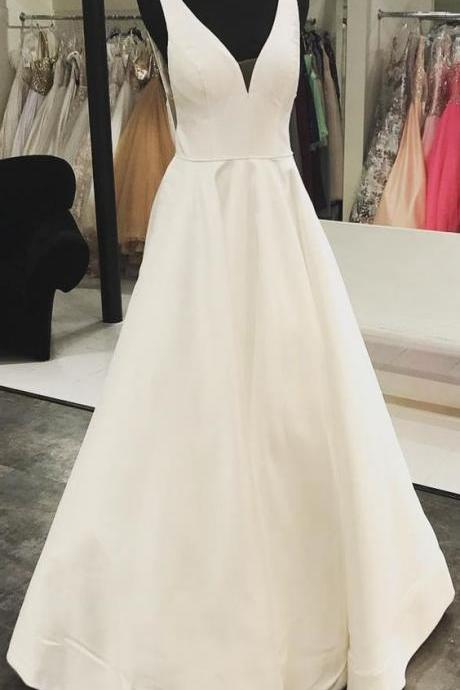 Princess V Neck White Long Prom Dress M8876