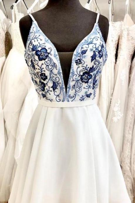 Cute Short Whtie And Blue Floral Embroidery Short Prom Dress Homecoming Dress M8892