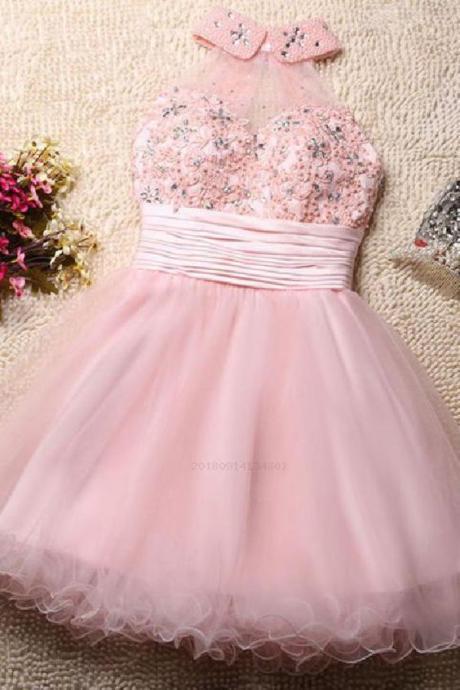 Custom Made Outstanding Party Dresses Short High Neck Open Back Pink Homecoming Dresses Short Prom Graduation Dress M8894