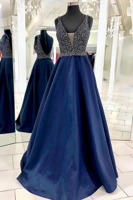 Gorgeous Navy Blue Prom Dress With Rhinestones, Long Prom Dress 2019 M8905