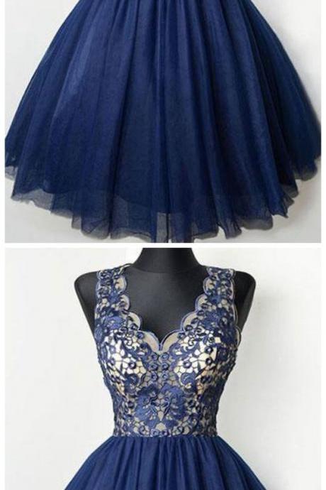 Navy Blue V Neck Lace Homecoming Dresses,Sleeveless Cocktail Dresses M8906