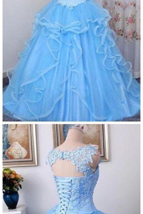 Blue V Neck Sleeveless Lace Appliques Prom Dresses M8919