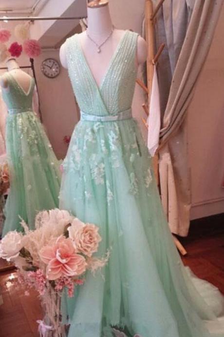 Custom Made Mint Green Chiffon Prom Dress,Appliques Evening dress M8932