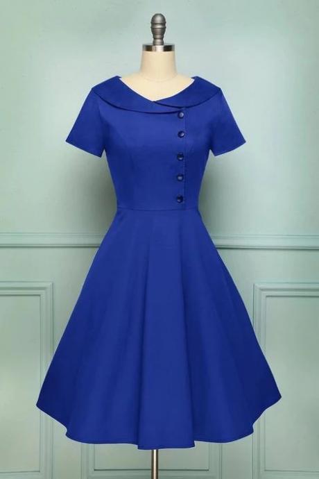 Blue Collared A Line Vintage Button Dress with Sleeves, Short Homecoming Dress M8936
