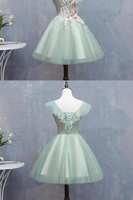 A Line V Neck Cap Sleeves Tulle Sage Short Homecoming Dress With Appliques M8939