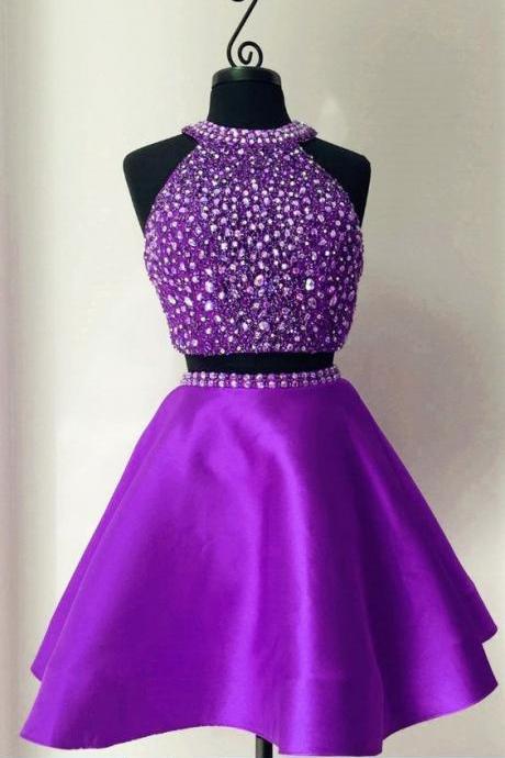 Purple satins two pieces halter sequins beading short prom dresses,party dresses M8955
