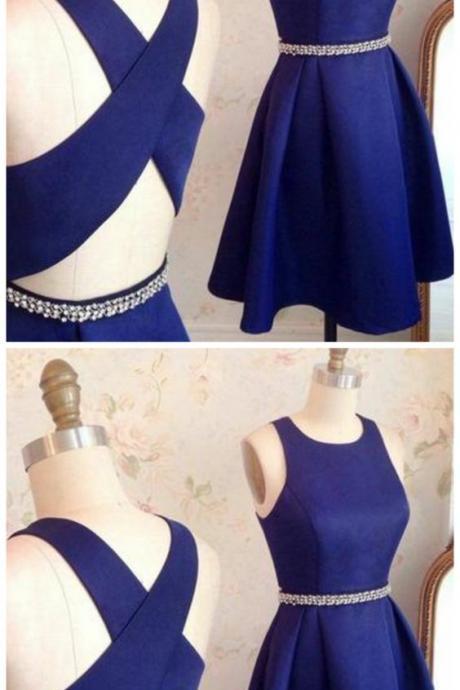 Navy Blue Criss Cross Back Short Prom Dress, Elegant Satin Party Gown M8956